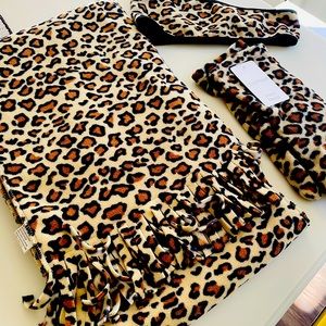 Leopard micro fleece long scarf, gloves and wide headband. NWT So SOFT!